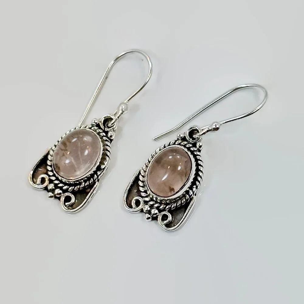 Rose Quartz Earrings, Sterling Silver, Pierced, Blue Stone, Handmade, Dangle - Picture 1 of 3
